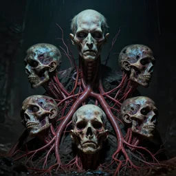 , decaying heads, arteries, lovecraft, giger, high octane, cinematic lighting 4 k
