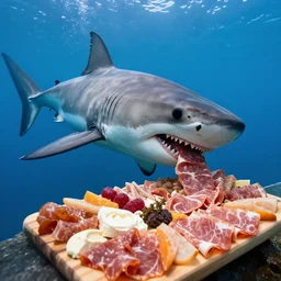 underwater photo still of a great white shark eating a charcuterie platter, 8 k