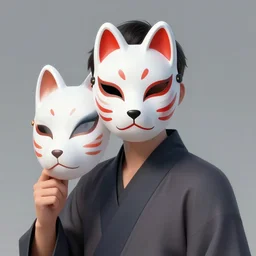 digital art portrait of a man wearing a kitsune mask while also wielding a katina in his right hand while facing foward. the background is black
