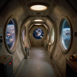 cozy spaceship corridor. interior design. porthole planet. ralph mcquarrie scenes. art by, keith parkinson, walter simonson, gerald brom, keith parkinson. large depth of field. r / cassettefuturism. cycles. r / retrobattlestations