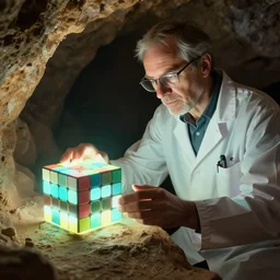 a professor of archeology discovering a glowing rubik's cube in a cave, 8 k