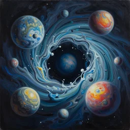 drowning in the deep space ocean filled with tesseracts, paint pour, greg rutkowski, wlop, oil on canvas, poured paint, paint pour, canvas, 4 d, 5 d, 6 d, 7 d, planets, wormhole, wallpaper, 4 k, james webb, telescope, hubble, wallpaper, worlds collide, portal, swirl