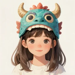 tender portrait of a young cute girl with a monster mask head, portrait illustration, trending on artstation, characterdesign, sharp focus, illustration, digital matte painting, art by ruan jia, ghibli, elena shumilova, leah robinson