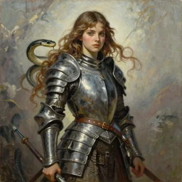 A beautiful oil painting of a pretty  girl in armor of snakes, by Lucas Graciano, Frank Frazetta, Greg Rutkowski, Boris Vallejo, epic, fantasy, character art, high fantasy