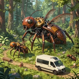 an intricate concept art, illustration, fantasy micro - world of a camping van in the woods, no people, mechanical large insect biomes, megafauna, ultra photorealistic, ultra sharp, pinterest, artstation, cgsociety, pinterest, digital art, anime colors, style by wlop, hyperrealistic, octane render, 8 k