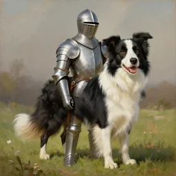 classical painting of border collie wearing knights armour, high detail