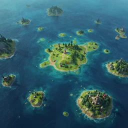 ultra realistic illustration, many tiny islands on vast ocean, mobile 2 d game map, 2 d background, matte painting, hyper detailed photo realism by greg rutkowski, rich contrast of colors, 1 0 0 mega pixels, league of legends artwork