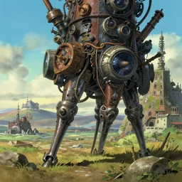 a steampunk city on metal legs walking over a wasteland, studio ghibli, anime