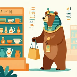 illustration of a grizzly bear shopping in a hardware store as egyptian hieroglyphs. 2 d. flat coloured ink. orange teal colour scheme.