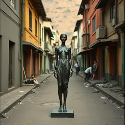 vintage color photo of a giacometti bronze sculpture of a woman in the middle of a poor brazilian favela street, image by werner herzog