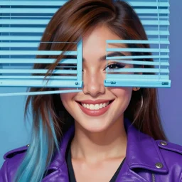 closeup painting of a very beautiful young mexican cyberpunk woman with a smile, light blue windows shutter shades on her face, and a purple coloured leather jacket, one side haircut, long brown hair with light blue ends, portrait, hyperdetailed, cgsociety, synthwave by tangerine dream, by jean - michel jarre, by vangelis, by john carpenter