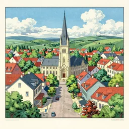 detailed colorful lithograph of belmont north carolina in the style of Katsuhiro Otomo