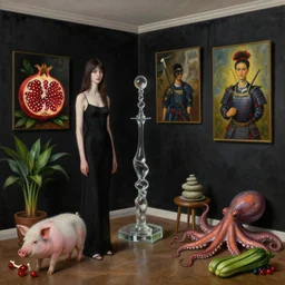 realistic painting of a luxurious female artist's apartment, black dripping walls, tall emo girl, glass sculpture, a pig, a samurai, paintings on black walls, pomegranate, bromeliads, tusks, octopus, courgettes, berries, zen, sensual, surrealist painting by magritte and rousseau and kahlo