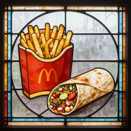 a stained glass window with both a big mac and chipotle burrito
