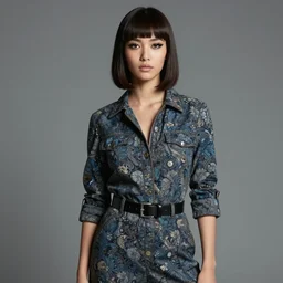 youthful female blade runner demure, perfect mascara, exquisite features, feminine cut, frontiers in flight william morris jumpsuit,