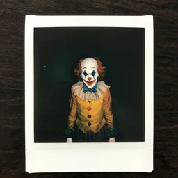 an eerie polaroid photograph of a clown in the backrooms, nighttime, dimly lit, creepy