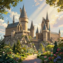 huge hogwarts type castle city in the forest behind a garden, concept art, digital painting, style of jordan grimmer, warm lighting, futuristic, volumetric lighting, view from below, vivid colours, bright, daytime, godrays, high detail