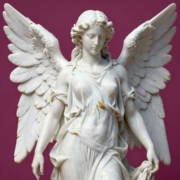 high quality smooth render of statue of angel, made of white marble with gold veins, on the dark magenta background, hyper realistic, hyper detailed, by johannen voss, by peter kemp, by monia merlo, by michelangelo, octane render, vivid colors