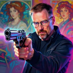 portrait of walter white drawing a gun, by etam cru, cyberpunk color, colorfull rimlight, by alphonse mucha, by surudenise, beautiful, epic camera, colorful background, refraction and reflexion, digital painting, dynamic colors, artstation, graffiti, neon