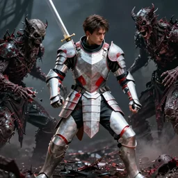 a young man with full body armor white and red with a sword, battling killer, creepy, death, demon, horrifying, dead, arm gets chopped off, dramatic lighting, cinematic, 8k, hyperrealistic, detailed, depth, vray