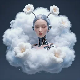 quantum cloud flowers, photorealistic beautiful female cyborg, flower antennas accessories