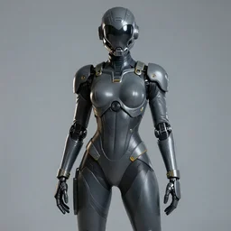 a fullbody portrait of a robot worker gal : : in a dark grey latex mechsuit with dark yellow accents, toned mechanical abs, long sleeves, turtleneck, robotic parts, sci - fi masked helmet, breastplate : : cosplay, photgraphy, real lighting, sci - fi, hd : :