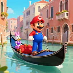 Mario as a gondola driver driving Daisy and Luigi through Venice, Digital Game Art