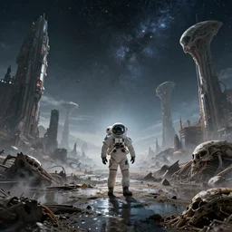 photograph of an astronaut exploring an abandoned fallen planet with alien skeletal ruins, fallen kingdom city ruins, science fiction space suit, cinematic, hypermaximalist, detailed, 4k, breathtaking stars, surrealism, distant, concept art, digital art, sharp focus, reflections, RTX, octane render, acid pixie, Trending on DeviantArt
