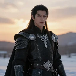 portrait, beautiful male elf, long hair, elegant, super detailed, light black armor with silver accenting, silver very ornate jewelry, cape, 8 k, cinematic, backlight, octane render, dusk, warm lighting, snow, clouds, artstation, greg rutkowski, rossdraws, william bouguereau, sharp focus