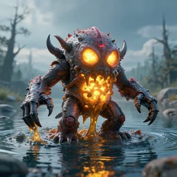super detailed 3 d octane rendering of a glowing nuclear sludge monster, coming out of a lake