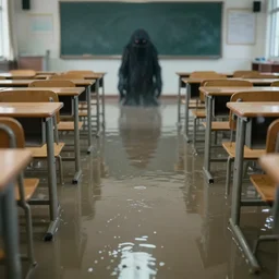 photo of a classroom, the floor is flooded with one meter deep water. a mysterious dark monster is visible in the distance. eerie
