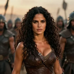 epic photo of muscular salma hayek as beautiful barbarian warrior princess with long curly black hair blowing in the wind in a battle scene with hundreds of warriors behind her, sweaty, detailed eyes, neutral expression, depth of field, photorealistic, cinematic lighting, lovely bokeh, warm colours, dusk, movie quality, conan the destroyer 1 9 8 5, movie still, cinemascope