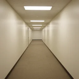 an empty hallway with stained beige carpet and fluorescent lights, craigslist photo