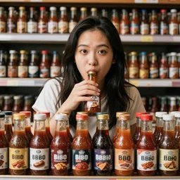 a portrait of a socialist disliking the vast selection of bbq sauces,