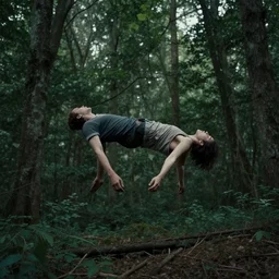 photo of a lifeless body hovering twenty feet above a forest