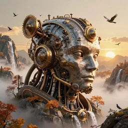 a stunning ultra detailed fantasy closeup photo of steampunk cyborg head carved into a granite mountain, surrounded by fall trees, waterfalls and birds, golden hour hues, fog, by tomasz alen kopera and tom bagshaw, very detailed, deep depth of field, 5 0 mm lens, artstation, highly coherent, 8 k