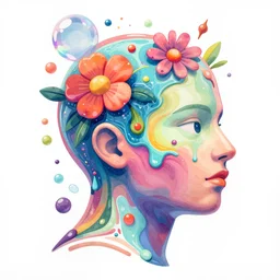 illustration of a colorful melting human head. acrylic bubbles and flowers, ferrofluids, water distortions. intricate abstract. intricate artwork. beeple