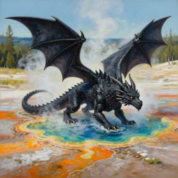 highly detailed oil painting of a black dragon in the middle of a colorful hotspring at yellowstone national park, featured on artstation