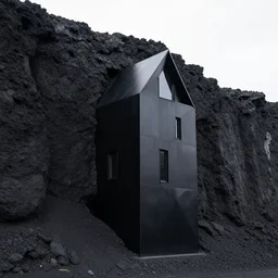 a tall black geometric house by reza mohtashami embedded in tall a lava cliff, full view, black house, made of molten metal house, minimal, rippled white landscape, dwarven architecture, red light out of the big glass windows, octane render, hyper realistic, 8 k, octane render