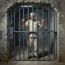 ultra wide full length painting of a prisoner holding prison bars, cave prison, highly detailed, high resolution, oil in canvas