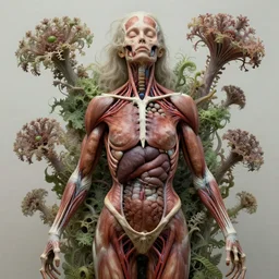 beautiful and detailed rotten woman corpse with fractal plants and fractal flowers growing around, muscles, veins, arteries, intricate, organs, ornate, surreal, ray caesar, john constable, guy denning, dan hillier