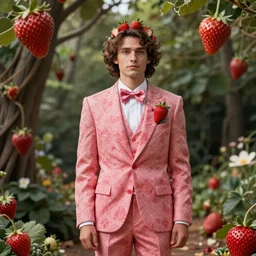 magical and mystical, man wearing a strawberry suit, octane render, rembrandt, cgsociety, artstation trending, highly detailded