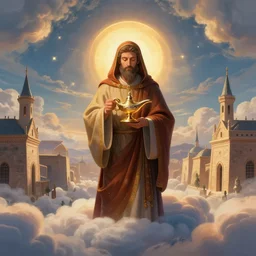 a byzantine priest is carrying a genie lamp surrounded by heavenly clouds in a Byzantine city, concept art, beautiful light, symmetry, very coherent, trending on artstation, cinematic
