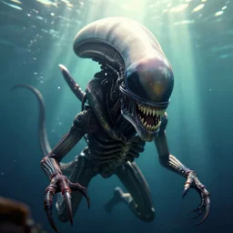 octane render of a angry xenomorph close up under water swimming towards the camera, beautiful, god rays, by h. r. giger and seb mckinnon - n 4 - i