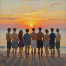 a beautiful painting of people standing on the beach at sunset. there are 7 people and they stand together with their backs to us. painting by niko pirosmani.