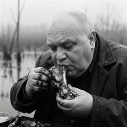movie still by tarkovsky close up of a giant obese old bald man wear dark clothes eating a leg of lamb, a swamp, cinestill 8 0 0 t 3 5 mm b & w, heavy grain, high quality, noir, natural textures, photorealistic, ambient occlusion, hd, dof, mud, fog