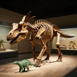 hyperrealistic detailed photo of a stegosaurus skeleton, 8 k, located inside of a museum, ambient dim lighting, small green clay stegosaurus model is shown