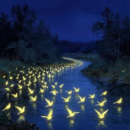 glowing birds immigration down a river, evocative, mystical night, detailed, award - winning, trending on artstation artwork by thomas kinkade,