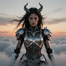 symmetry! closeup portrait of a biblical diabolical hunter model girl, cyborg armor, in clouds, cinematic studio light! windy, venom, sunset, by gerald brom, by mikhail vrubel, by peter elson, high contrast, muted colors, extreme detail, mirrors, trending on artstation, 8 k
