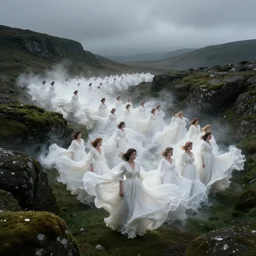 dark and moody 1 9 7 0's artistic technicolor spaghetti western film, a large huge group of women in a giant billowing wide long flowing waving shining bright white dresses made of white smoke, standing inside a green mossy irish rocky scenic landscape, volumetric lighting, backlit, moody, atmospheric, fog, extremely windy, soft focus